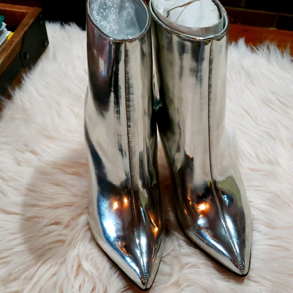 Silver paten leather stiletto booties